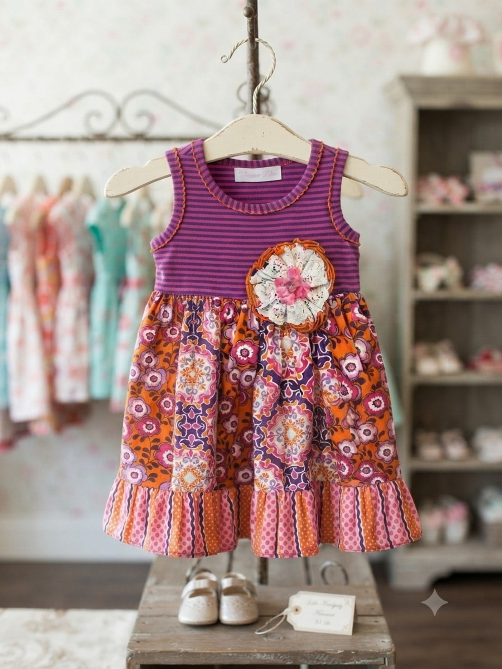 Girl's Purple & Orange Floral Sleeveless Dres w Crochet Bow, Sz-18mons, EPreLC